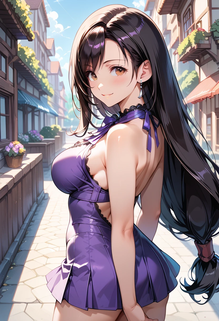 ((masterpiece, best quality, ultra detailed, high resolution, detailed facial description)), (1 woman, solo), (Tifa Lockhart), (purple halter dress:1.3, purple costume:1.3, lace-trimmed, backless, ribbon on neck, short skirt), (purple high heels), (black long hair:1.3), (beautiful and cute face:1.2, brown eyes), standing, hand on own hip, sexy pose, looking at viewer, (light smile, blush), (final fantasy's world view), (woman focus:1.2, upper body, from front)