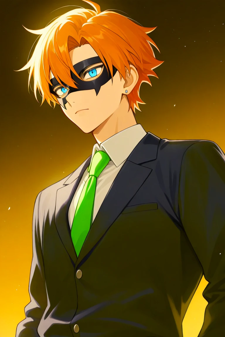 anime character in a black jacket and white shirt with a green tie, male anime character, young anime man, tall anime guy with blue eyes, he wears black domino mask, it has a piercing gaze, anime handsome man, high detailed face anime, trigger anime artstyle, 8 k character details, with glowing yellow eyes,solo