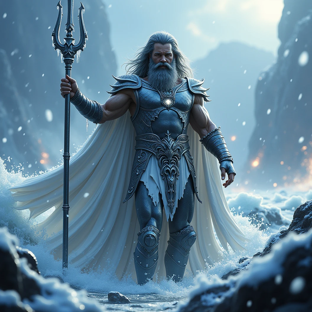 a close up of a statue of a man with a beard, O Deus Poseidon, O Deus do Mar, Poseidon, Deus do Oceano, deus do inverno, gigante da geada, retrato masculino do deus svarog, personagem de fantasia hiperdetalhado, Furioso Deus Zeus, 3 d render arte do caractere 8 k, Senhor do Gelo, Vencedor do concurso ZBRUSH