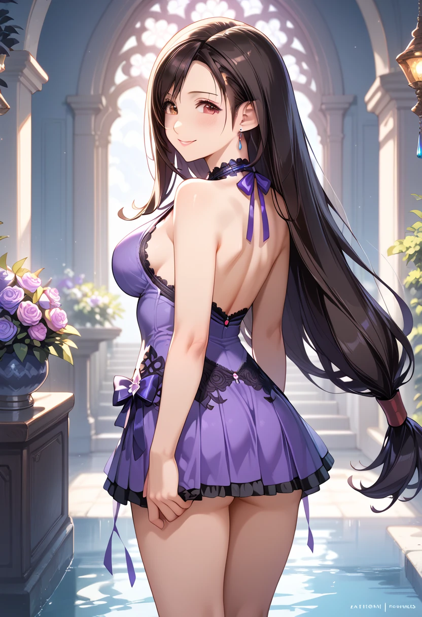 ((masterpiece, best quality, ultra detailed, high resolution, detailed facial description)), (1 woman, solo), (Tifa Lockhart), (deep purple halter dress:1.3, deep purple costume:1.3, lace-trimmed, backless, ribbon on neck, short skirt), large breast, (black side-tie panties), (purple high heels), (black long hair:1.3), (beautiful and cute face:1.2, brown eyes), standing, hand on own hip, sexy pose, looking at viewer, (light smile, blush), (final fantasy's world view), (woman focus:1.2, upper body, from front:1.1)