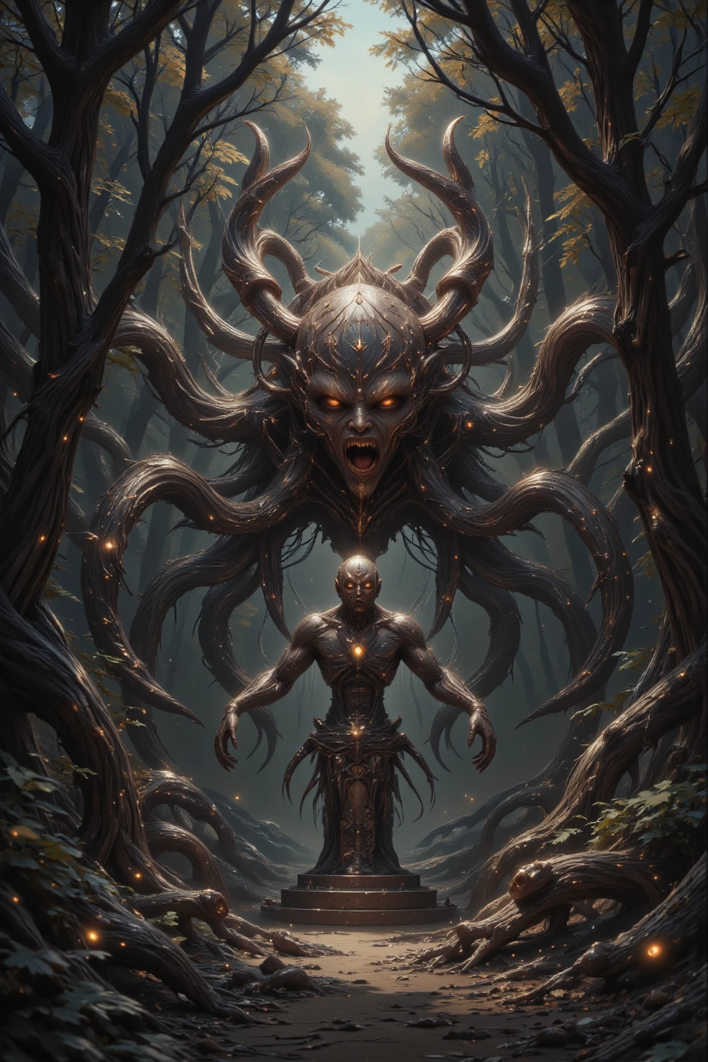 masterpiece:1.3, highres:1.3, Horror's greatest masterpiece, Artistic works by H.R. Giger:1.3, There are many twisted trees growing around, Very dark forest, There's a miasma in the forest,In the middle of the forest, a statue of a demon with a tormented expression stands on a pedestal, Devil statue, Gargoyle, Scary colors, horror, Fear