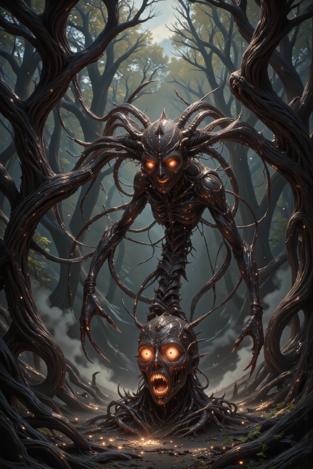 There are many twisted trees growing around, Very dark forest, There's a miasma in the forest, In the middle of the forest stands a statue of a demon with a look of anguish on its face, Scary colors, horror, Fear