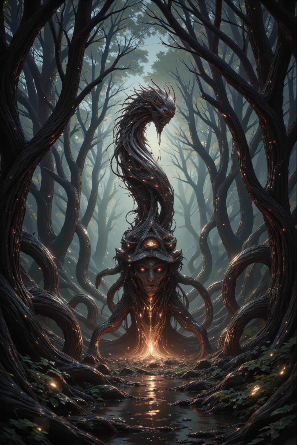 There are many twisted trees growing around, Very dark forest, There's a miasma in the forest, In the middle of the forest stands a statue of a demon with a look of anguish on its face, Scary colors, horror, Fear