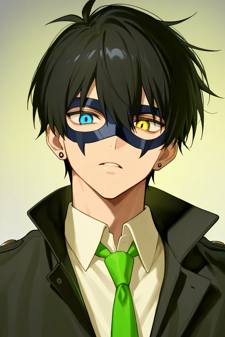 anime character in a black jacket and white shirt with a green tie, male anime character, young anime man, tall anime guy with blue eyes, he wears black domino mask, it has a piercing gaze, anime handsome man, high detailed face anime, trigger anime artstyle, 8 k character details, with glowing yellow eyes,solo