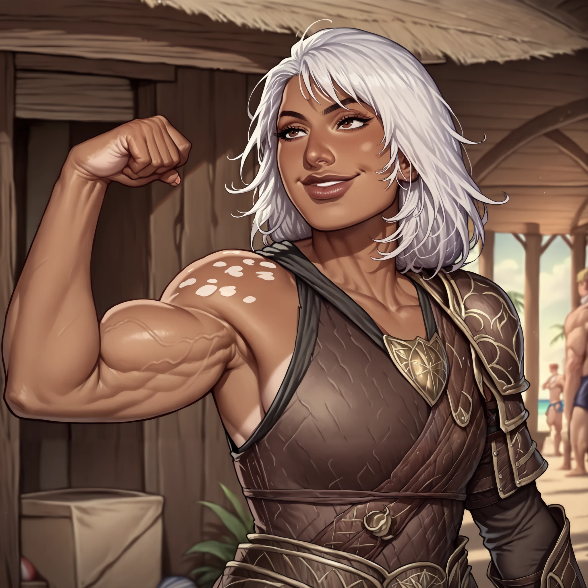 (((beautiful, high quality, comics style, detailed face))), score_9, score_8_up, score_7_up, BREAK, human, 1 brown eye's girl, (((tall, muscular, muscle))), mature, ((wide shoulder)), (square face, high cheekbones, strong jaw line, thick lips), ((flat nose)), (((dark skin, dark-skinned, Vitiligo skin, skin discoloration, skin spots, facial skin spots))), ((white hair)), confident face, ((big defiant smile)), wears a fantasy brown leather armor, outdoor, fantasy beach background, blurred background, Expressiveh, detailxl, DeepNegative_xl_v1, zPDXL3