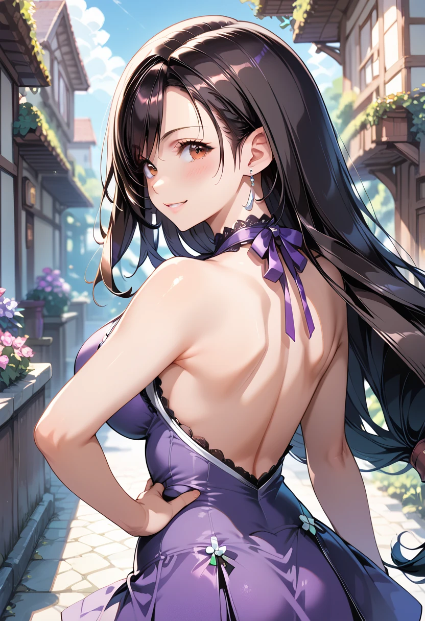 ((masterpiece, best quality, ultra detailed, high resolution, detailed facial description)), (1 woman, solo), (Tifa Lockhart), (deep purple halter dress:1.3, deep purple costume:1.3, lace-trimmed, backless, ribbon on neck, short skirt), (purple high heels), (black long hair:1.3), (beautiful and cute face:1.2, brown eyes), standing, hand on own hip, sexy pose, looking at viewer, (light smile, blush), (final fantasy's world view), (woman focus:1.2, upper body, from front)