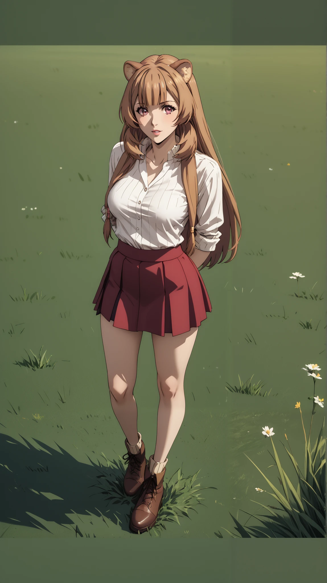 Masterpiece, extremely detailed,4k,solo, 1girl, raphtalia, long hair,full body ,perfect slim body ,long legs,arms behind back,perfect slim body, very large breasts, ((kawai face)),Klimaks ekspression,(thin lips),white tshirt, mini skirt, cowboy shoot,((grass)), Front look, looking at viewers
