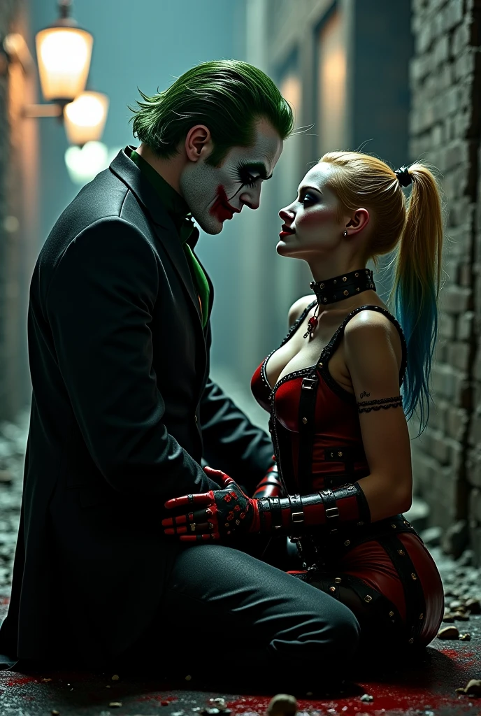 Cinematic image of the priest Joker hugging the Harley Quinn with her back to the wall, she is dressed as a nun and in black and white lace lingerie, and Joker is kissing her neck, which he is enjoying, and Joker is pulling her colorful hair hard.. Harley Quinn is perched on a table in a medieval castle dungeon.
