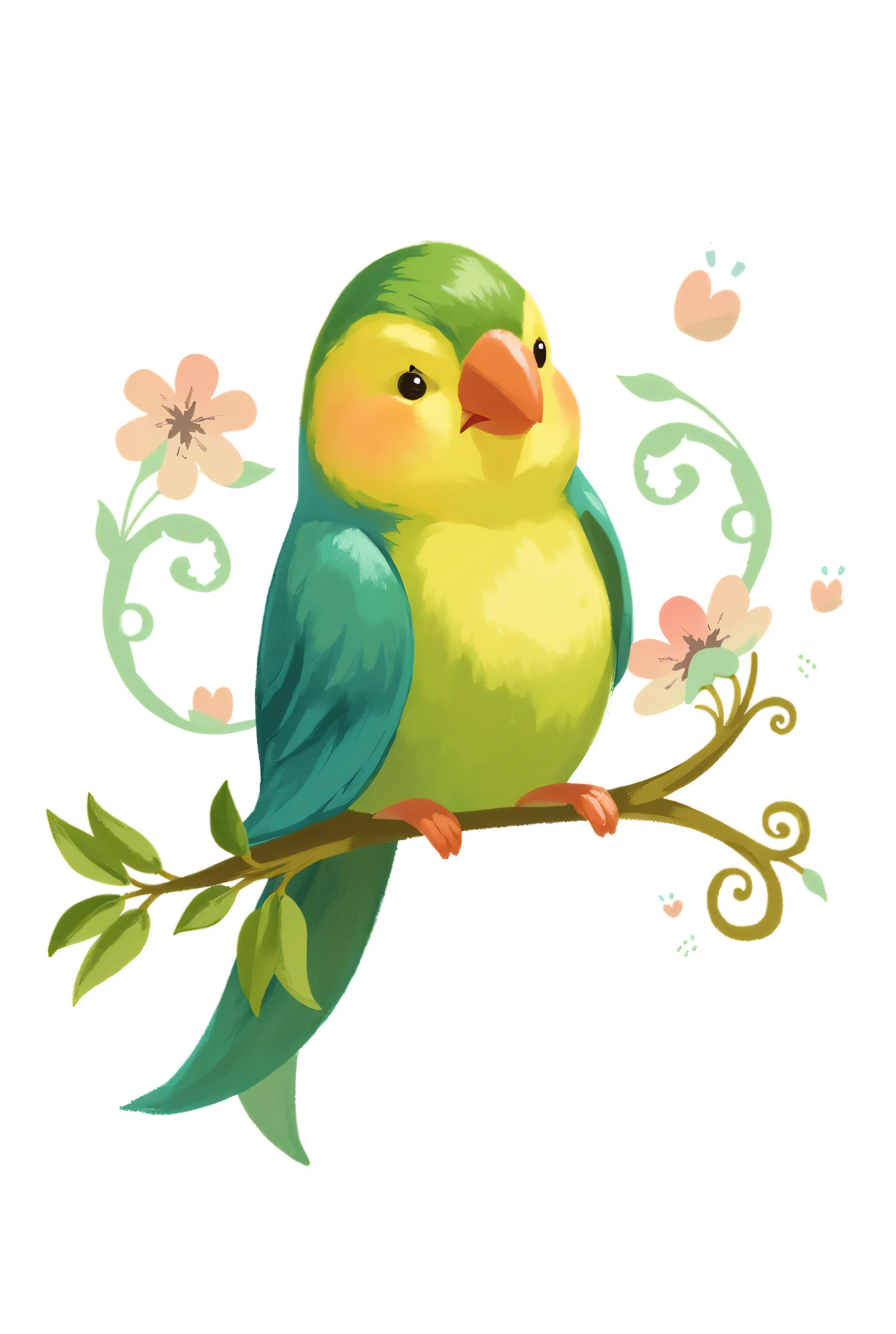  A funny and colorful parrot perched on a decorative branch, surrounded by pastel floral ornaments and whimsical swirls. The parrot has a playful expression, with vibrant feathers in shades of green, blue, and yellow. The design is set against a clean white background, exuding a cheerful and lighthearted vibe.