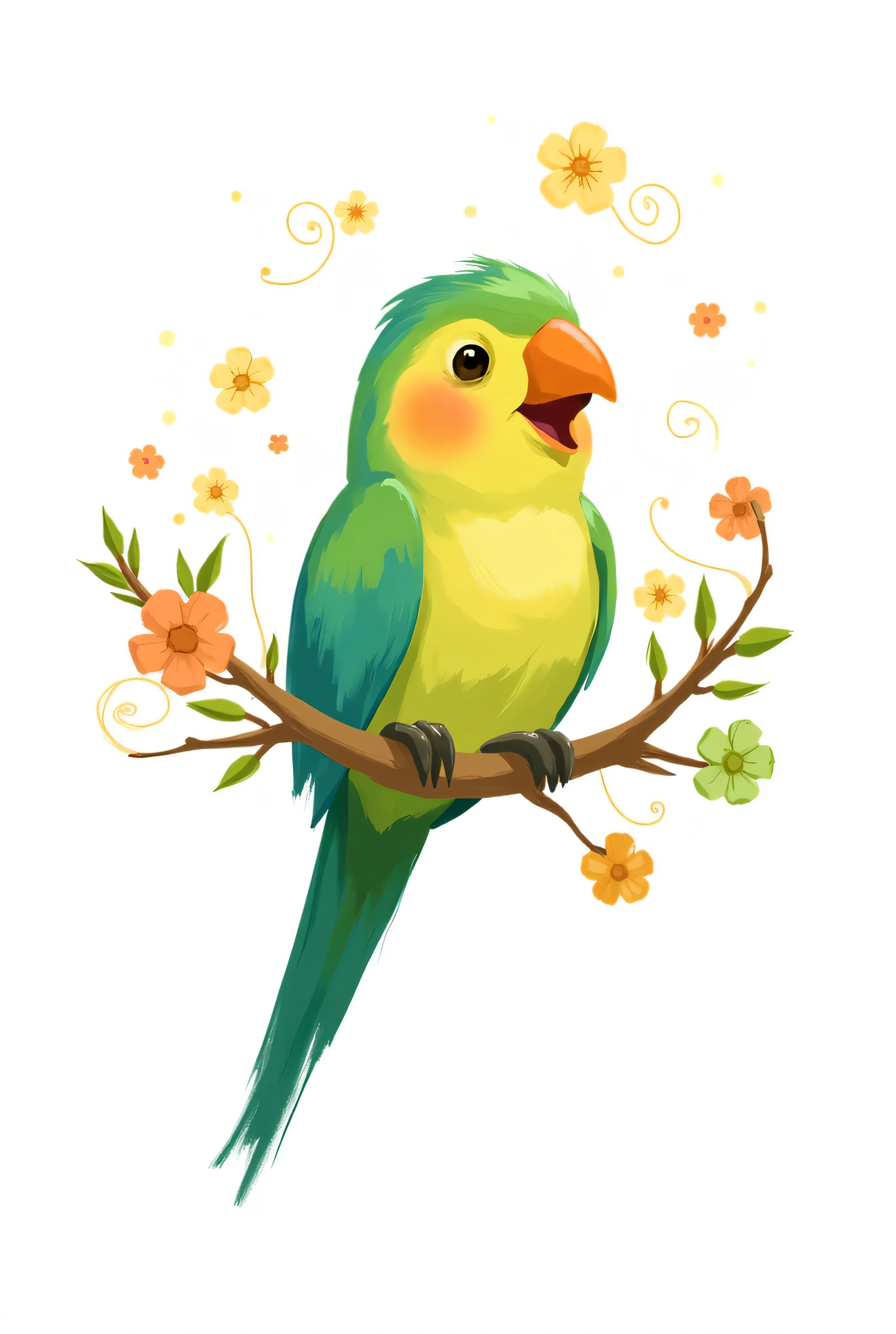  A funny and colorful parrot perched on a decorative branch, surrounded by pastel floral ornaments and whimsical swirls. The parrot has a playful expression, with vibrant feathers in shades of green, blue, and yellow. The design is set against a clean white background, exuding a cheerful and lighthearted vibe.