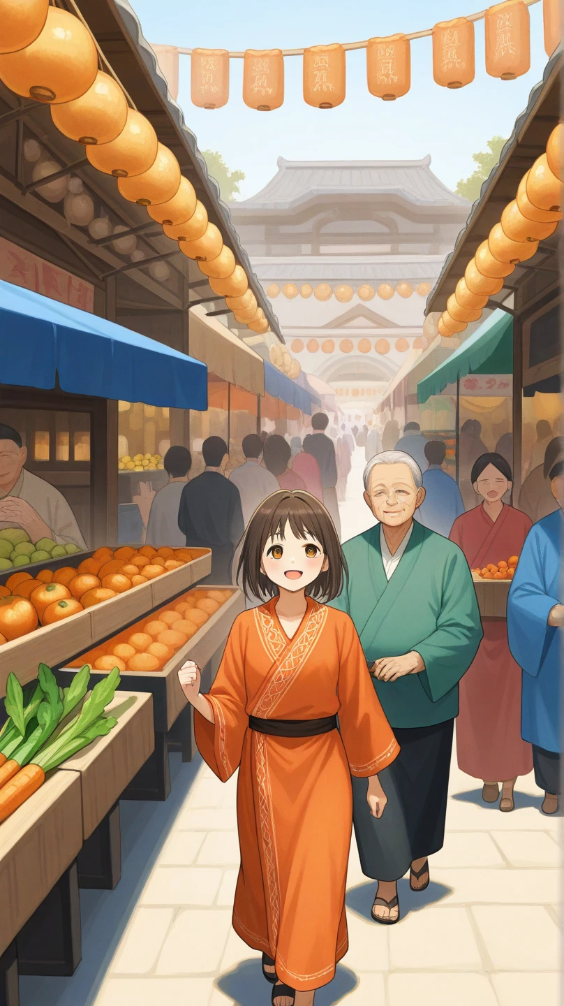 An elderly man walking alone in a traditional market, wearing simple traditional clothes, with vegetable and fruit carts around and people passing by.

