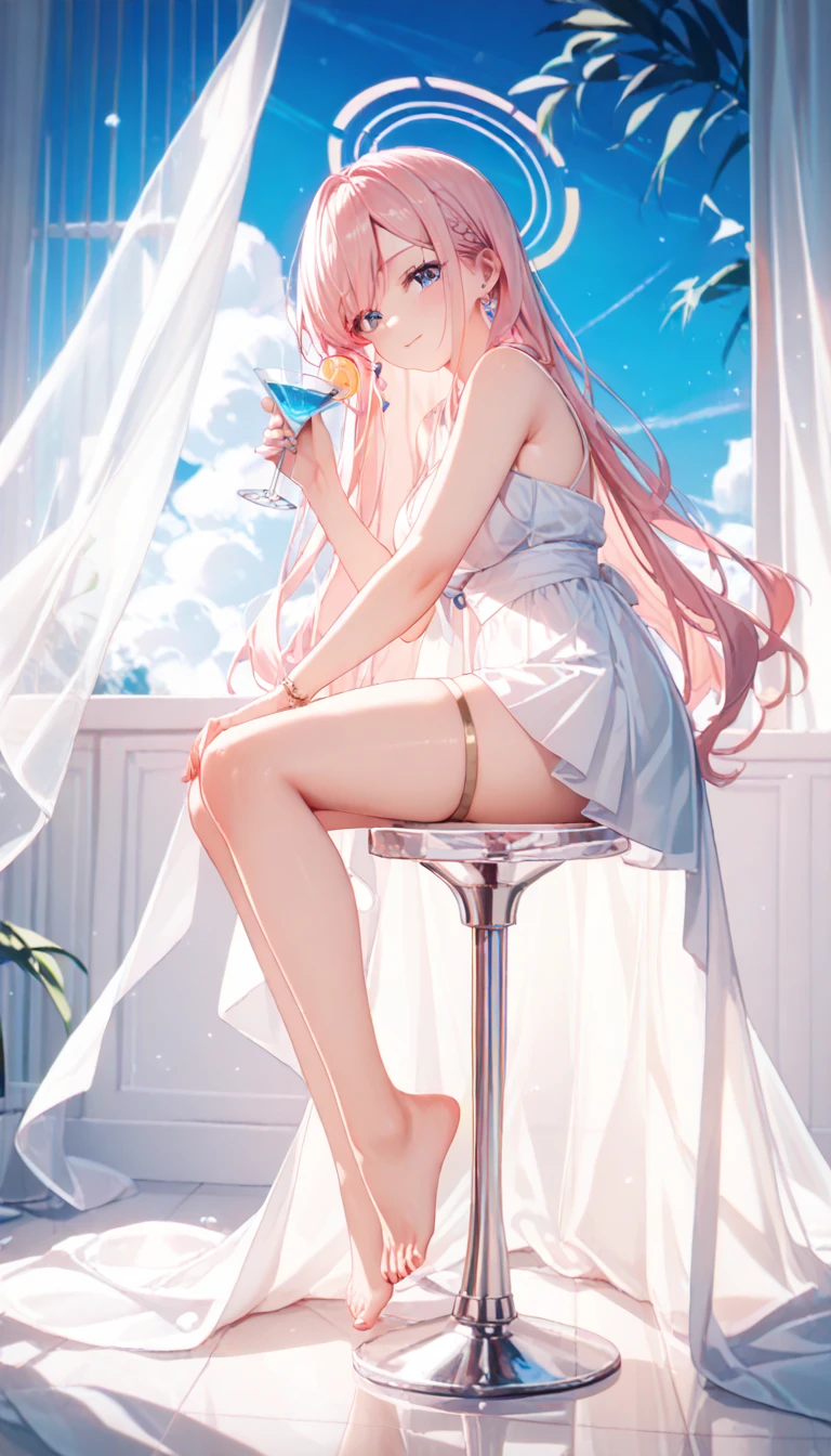 、Pink Hair、Medium Hair、、Pale blue eyes、Head to toe full body、Blushing、Embarrassed look、Composition from the front、A view from slightly below、Sit facing forward、No shoe-shaped legs、squat、Spread your legs in an M shape、Grab my leg、、、、White panties、black pantyhose、(black_pantyhose):1.2)、White panties are visible、bedroom、Inside the room、、Staring at the audience、Thin legs、Thin thighs、Slim toe、Squatting on the stairs