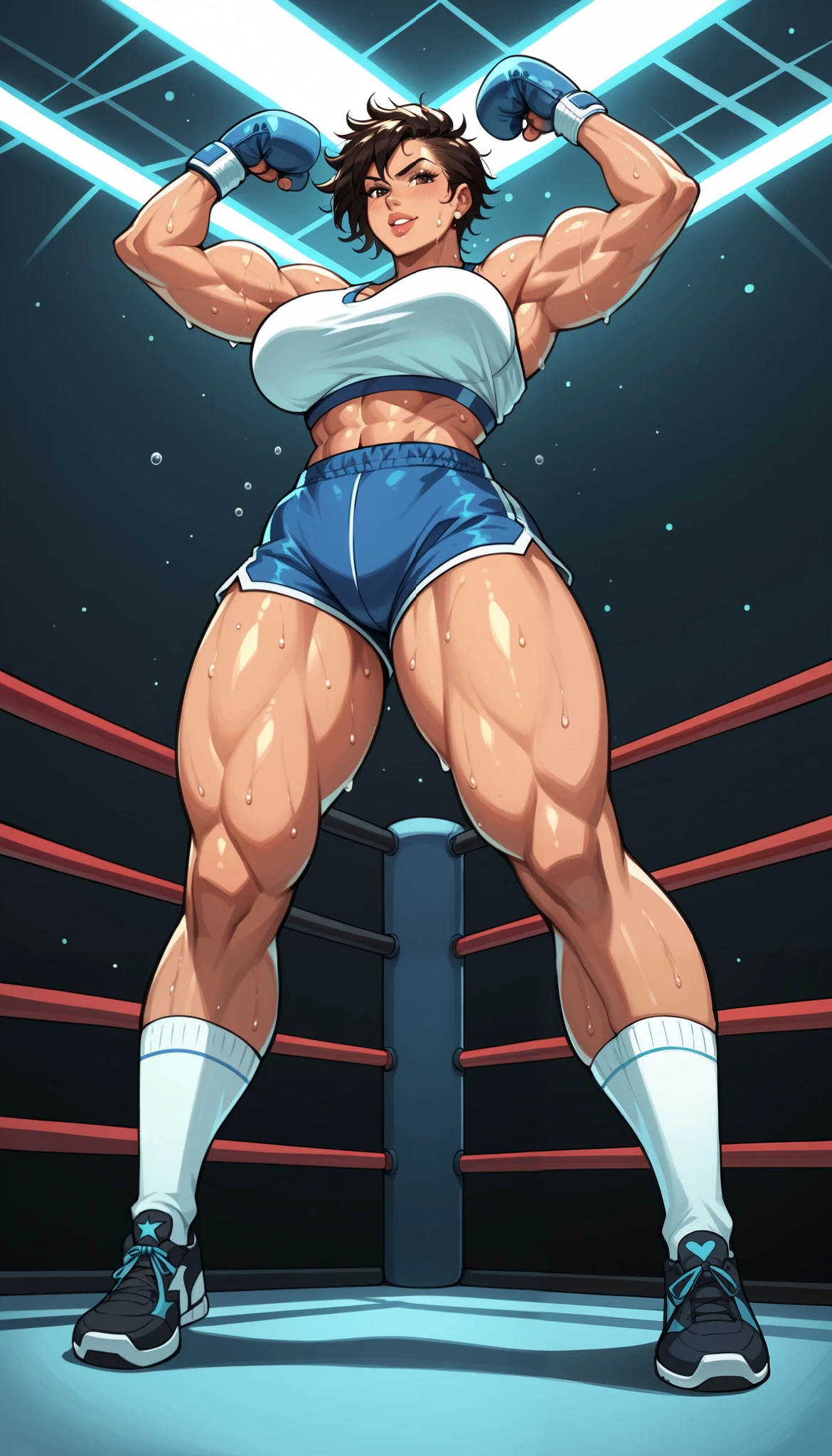 (view from wrestling floor, worm point of view, view from bottom to top, solo, muscle mommy, long legs, detailed skin) A curvy, strong, beautiful, busty, dominant, fit, muscular, daring, big, middle age mma-fighter woman (muscle mommy with narrow waist, with extreemly short brown messy hair, with long legs, with big arms, with thick thighs), in WHITE sport top, long white socks , very short short blue-black sport shorts, black sneakers, She's wearing blue combat gloves. Sweat droplets run down her body, emphasizing the post-training intensity. full body lenght, whole body,standing inside the ring in the gym, having a seducive look, She stands leaning on the ropes of the ring in a confident pose, looking at the viewer. The ring is illuminated by natural daylight. This is a boxing ring in a small training room with a cozy but hardworking atmosphere. Sweat droplets run down her body, emphasizing the post-training intensity, boxing ring on the background. Looking seducevly on the viewer, ready to wrestle, towering over viewer, flexing her biceps.