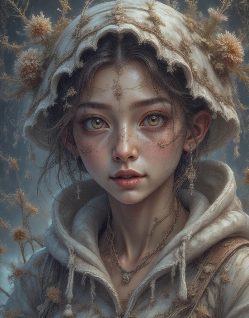  An ultra-detailed depiction of a young Asian woman ,  Ethereal character creation，Pale face , ，Softly depicts her delicate face , Giving her an angelic look .   Her expressive eyes are full of innocence and wonder , ， adds a sense of purity and tenderness to her look  .  She wears an oversized ,  The white hoodie enhances the softness of her aesthetic , The headscarf frames her face，Complement the light tones of her hair and skin. By Sasan .  Her expression is calm and slightly melancholy , Evokes tranquility, An introspective state of mind, As if lost in thought.  The background is minimal and the lighting is soft , ，The cool tones add to the serene and peaceful vibe ,   makes her delicate facial features and gentle gaze stand out  . 