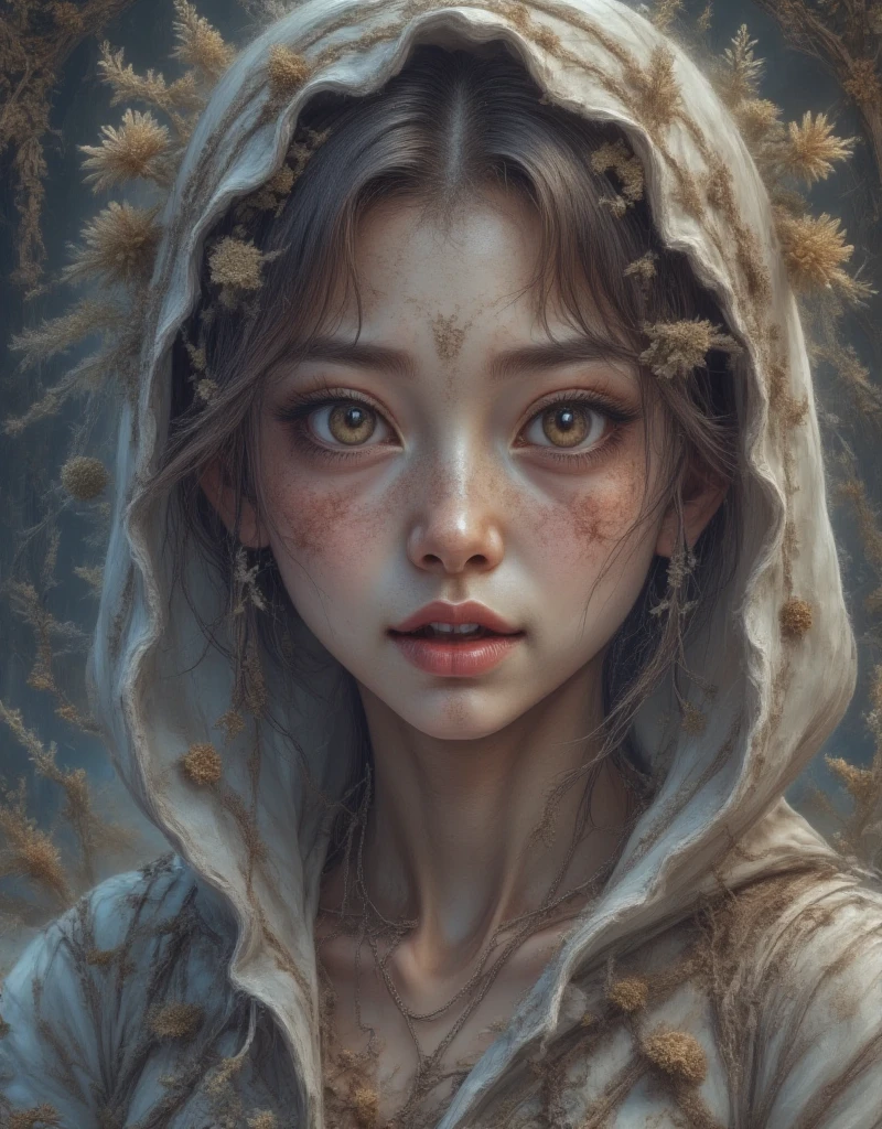  An ultra-detailed depiction of a young Asian woman ,  Ethereal character creation，Pale face , ，Softly depicts her delicate face , Giving her an angelic look .   Her expressive eyes are full of innocence and wonder , ， adds a sense of purity and tenderness to her look  .  She wears an oversized ,  The white hoodie enhances the softness of her aesthetic , The headscarf frames her face，Complement the light tones of her hair and skin. By Sasan .  Her expression is calm and slightly melancholy , Evokes tranquility, An introspective state of mind, As if lost in thought.  The background is minimal and the lighting is soft , ，The cool tones add to the serene and peaceful vibe ,   makes her delicate facial features and gentle gaze stand out  . 