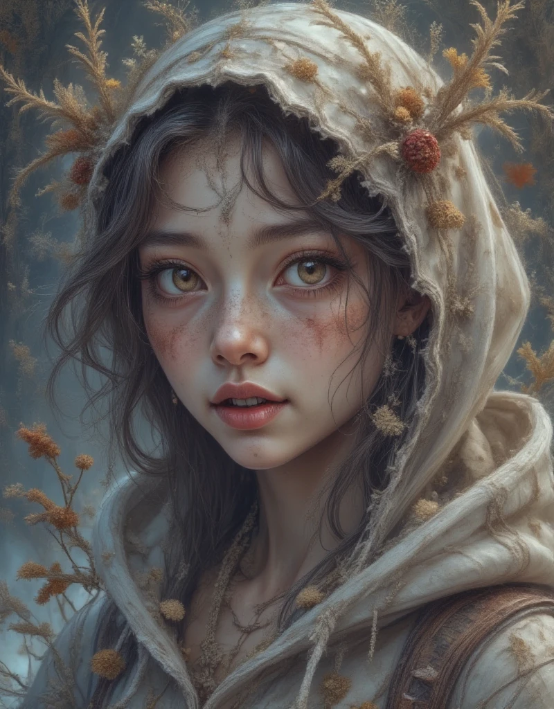  An ultra-detailed depiction of a young Asian woman ,  Ethereal character creation，Pale face , ，Softly depicts her delicate face , Giving her an angelic look .   Her expressive eyes are full of innocence and wonder , ， adds a sense of purity and tenderness to her look  .  She wears an oversized ,  The white hoodie enhances the softness of her aesthetic , The headscarf frames her face，Complement the light tones of her hair and skin. By Sasan .  Her expression is calm and slightly melancholy , Evokes tranquility, An introspective state of mind, As if lost in thought.  The background is minimal and the lighting is soft , ，The cool tones add to the serene and peaceful vibe ,   makes her delicate facial features and gentle gaze stand out  . 