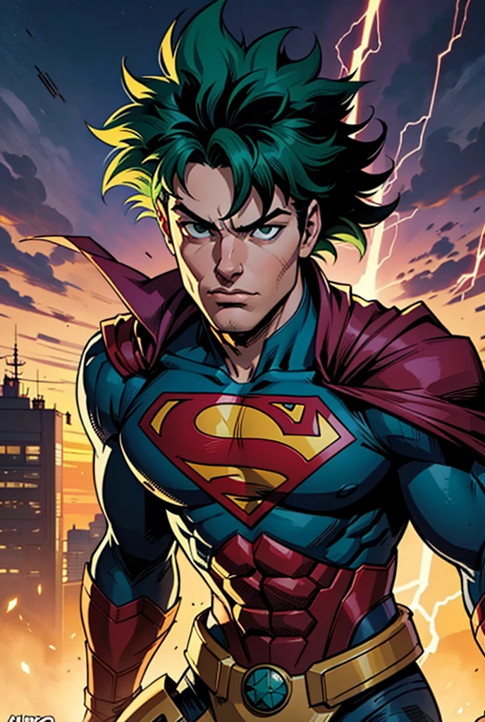 Create a detailed artwork of Izuku Midoriya reimagined as Superman in a realistic comic book art style, reminiscent of Alex Ross's iconic work. He wears a heroic costume that blends the classic Superman uniform with Deku's signature green, featuring an 'S' emblem stylized with lightning or energy-like designs to represent his quirk. His cape billows in the wind as he hovers over a modern city, with a golden sunset illuminating the sky behind him. The scene exudes hope and power. Midoriya has a determined expression, radiating confidence and empathy, with his green hair slightly tousled by the breeze. The costume may include subtle technological elements or hints of All Might's design, connecting him to his inspirations. The overall atmosphere is epic and inspiring, with vibrant tones, detailed textures, and dramatic, painterly lighting.