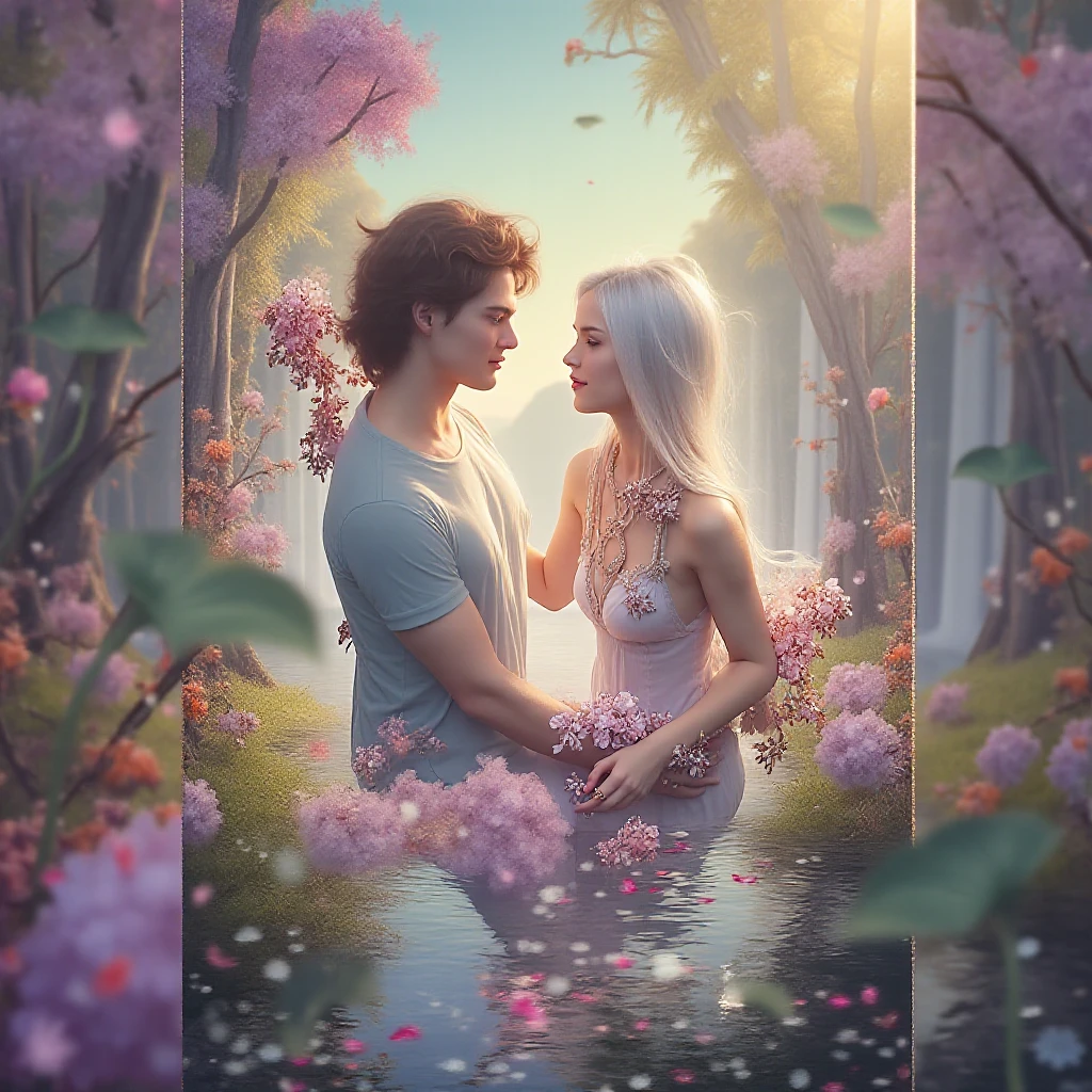 /imagine prompt: On a starry full moon night, a couple of lovers share an intimate and romantic moment. The surrounding environment is portrayed in an ultra-realistic way, with magical and vibrant colors, in a stunning 8k resolution. The place is decorated with luizinhas that gently illuminate the space, creating a charming and welcoming atmosphere. The couple is sitting on a padded bench, surrounded by colorful flowers, as they exchange passionate glances. The couple's clothes are represented in minute detail, revealing the texture and delicate patterns. In the background, a tranquil stream reflects the light of the moon, adding a touch of serenity and magic to the environment. The twinkling stars in the sky create a romantic and inspiring backdrop. The image is an 8k digital representation, captured with a professional camera that accurately captures the details and nuances of colors, transporting the viewer into this romantic and special moment. --Air 16:9 --auto --s2