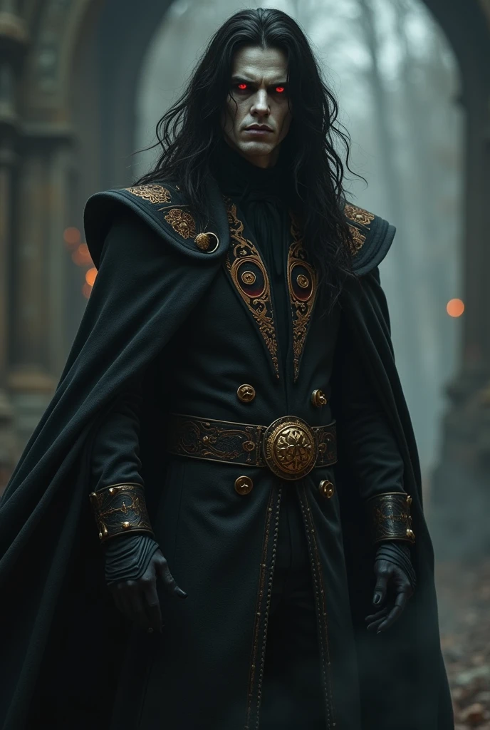  Create a man with a handsome and imposing appearance x ,  with a combination of dark elegance and an intimidating power ,  long, dark hair like the night ,  an intense red eye  , almost supernatural,  that shine when using your powers ,  his skin is very pale almost translucent ,  giving a cadaverous appearance ,  it seems that he is on the verge of decay .  Your right hand is covered by a cloak of shadows ,  as if he were always touching a dark fog ,  his robes are long and ornate ,  with arcane symbols that illuminate as he summons his powers,  he always wears a black cloak embroidered with gold ,  symbol of his noble lineage , } your figure is striking with a mixture of fascination , elegance and terror 