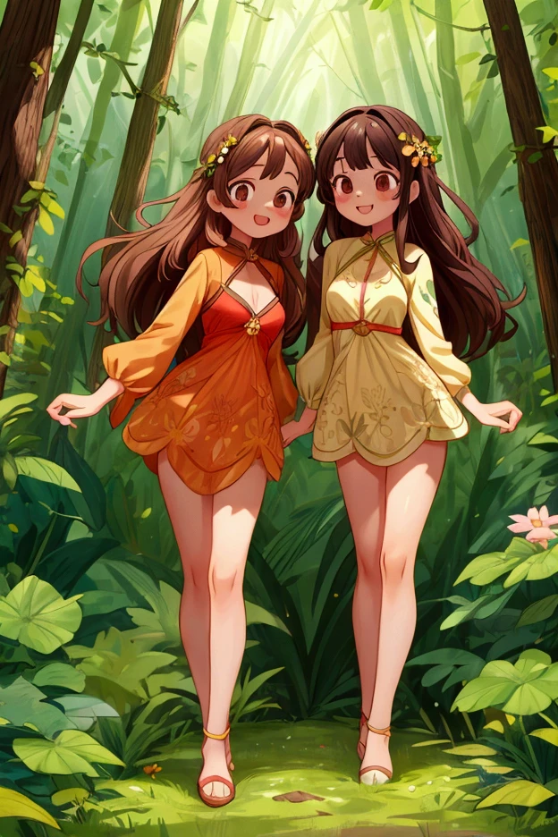 young girl 15 ,, very long hair that touches the ground, platinum ruby hair, iridescent eyes, very thin body , very small breasts, Wide hips, small waist , shining lips , (naked), , very small young woman and thin , stop in a pasture, wreath made of cherry branches , surrounded by forest spirits shaped like orbs of light , forest spirits animals, flirtatious smile, peach tree in bloom with bright fruits