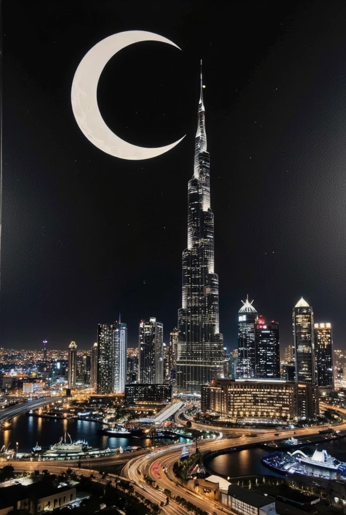 world of jet-black color, a world where everything is iridescent black, a scene of the Burj Khalifa and night cityscape in Dubai illuminated by a huge crescent moon, fusion of watercolor, acrylic and collage, conceptual installation art