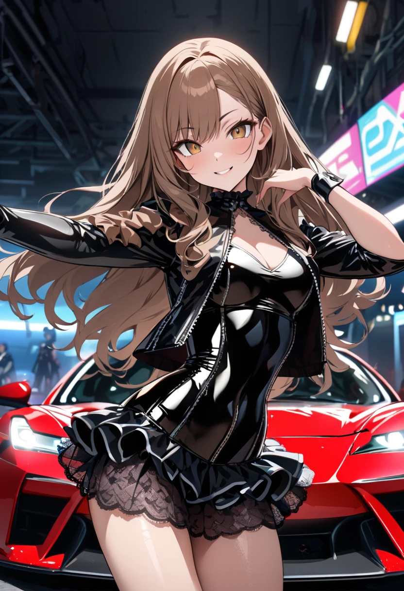 Masterpiece, Best Quality, High Quality, CG, 8K, Stylish woman with a serious expression driving a speeding car, anime style