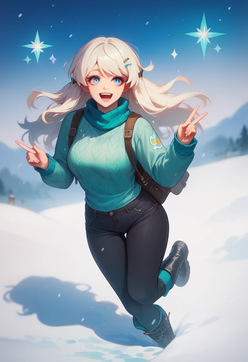  a woman with long white blond hair with a cyan gradient down ,  blue eyes with light shades of topaz and cyan and small white stars ,  and a green dragonfly hair clip , clear and happy face , wearing a white t-shirt and a large cyan sweater and yellow details with black pants and boots,  she is in a cold snowy field .