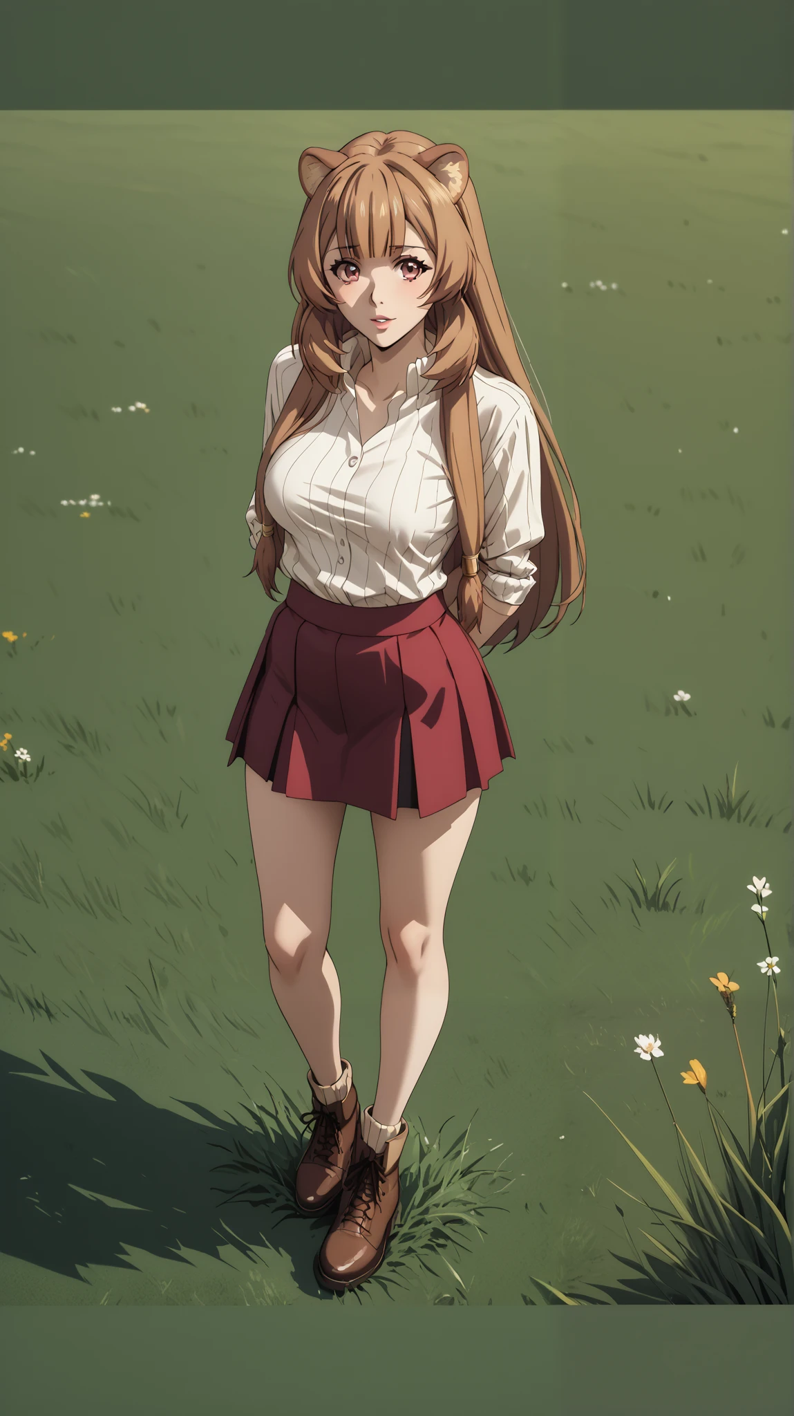 Masterpiece, extremely detailed,4k,solo, 1girl, raphtalia,korean face, manhwa face, long hair,full body ,perfect slim body ,long legs,arms behind back,perfect slim body, very large breasts, ((kawai face)),Klimaks ekspression,(thin lips),Black tshirt, mini skirt, cowboy shoot,((grass)), Front look, looking at viewers
