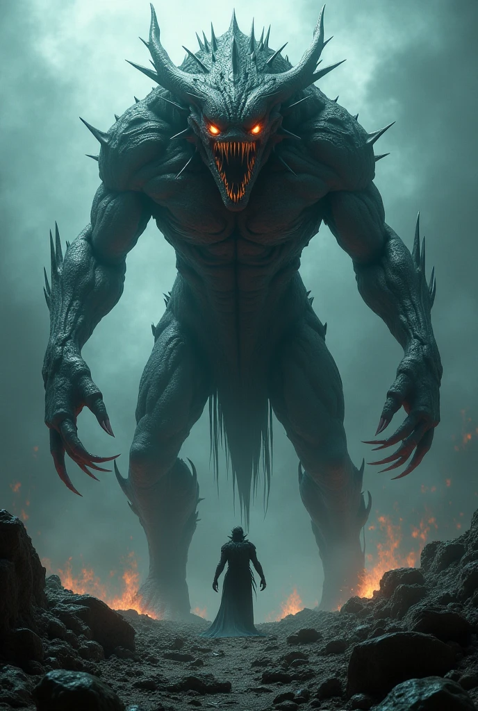 A very detailed painting, Dark world, Depicts a man have a weapon on a hill gazing at a giant alien monster lightning rain breath, author:Shinkai Makoto, By Art Jem, From Wlop, author:Greg Rutkowski, Volumetric Lighting, Octane Rendering, 4K resolution, Popular on artstation, masterpiece ,flame magic