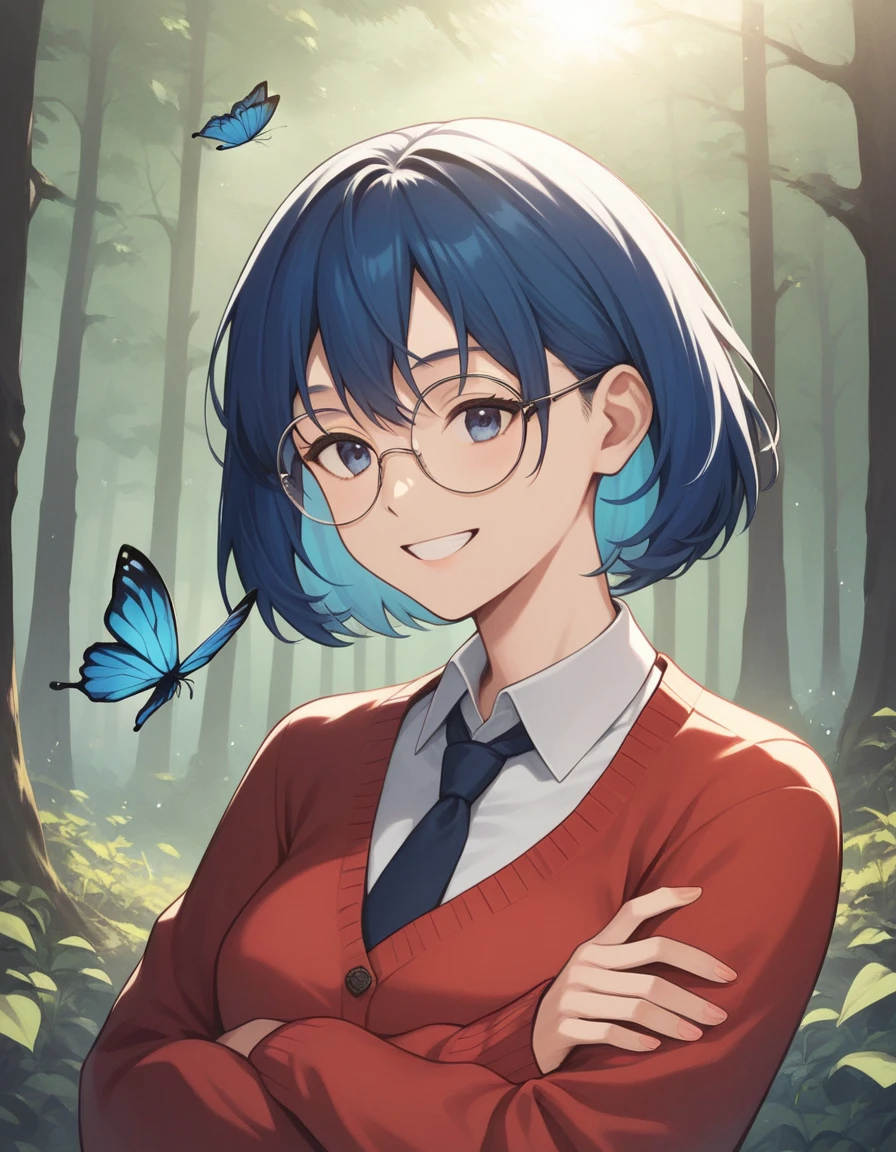 MilaMS,round eyewear, outdoors, arms under breasts, red cardigan, white collared shirt, necktie, looking at butterfly,forest, sunlight, light rays, butterfly, happy, smile, detailed forest, blue hair, 
masterpiece, high quality, best quality, highres, absurdres,