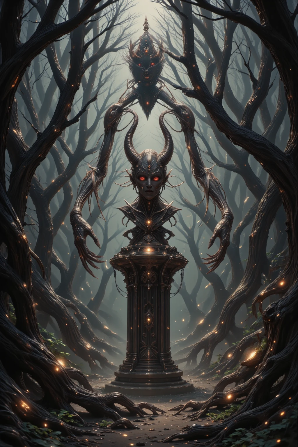 There are many twisted trees growing around, Very dark forest, There's a miasma in the forest, In the middle of the forest stands a statue of a demon with a look of anguish on its face, Scary colors, horror, Fear