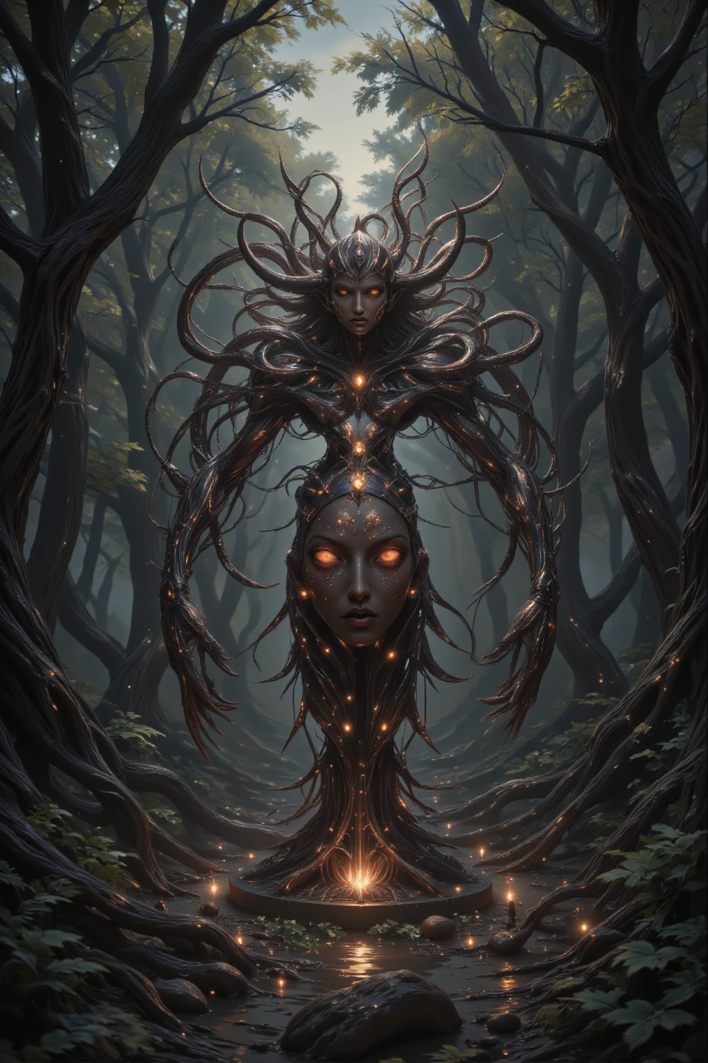 There are many twisted trees growing around, Very dark forest, There's a miasma in the forest, In the middle of the forest stands a statue of a demon with a look of anguish on its face, Scary colors, horror, Fear