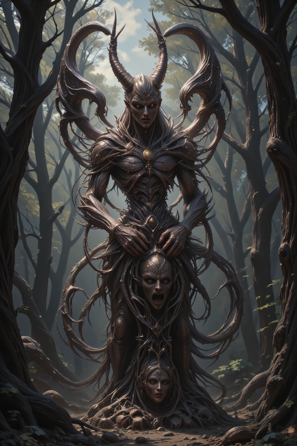 There are many twisted trees growing around, Very dark forest, There's a miasma in the forest, In the middle of the forest stands a statue of a demon with a look of anguish on its face, Scary colors, horror, Fear