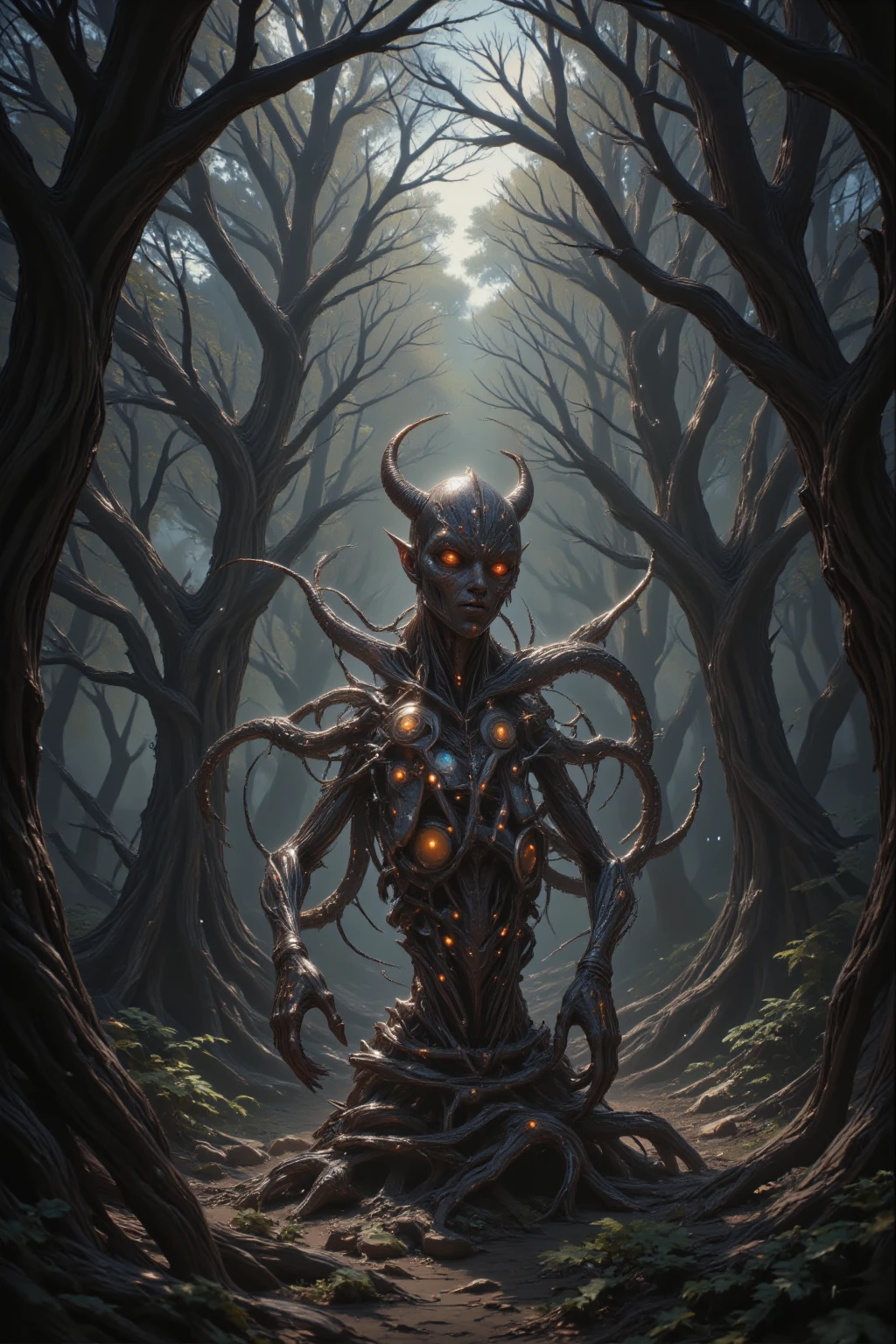 There are many twisted trees growing around, Very dark forest, There's a miasma in the forest, In the middle of the forest stands a statue of a demon with a look of anguish on its face, Scary colors, horror, Fear