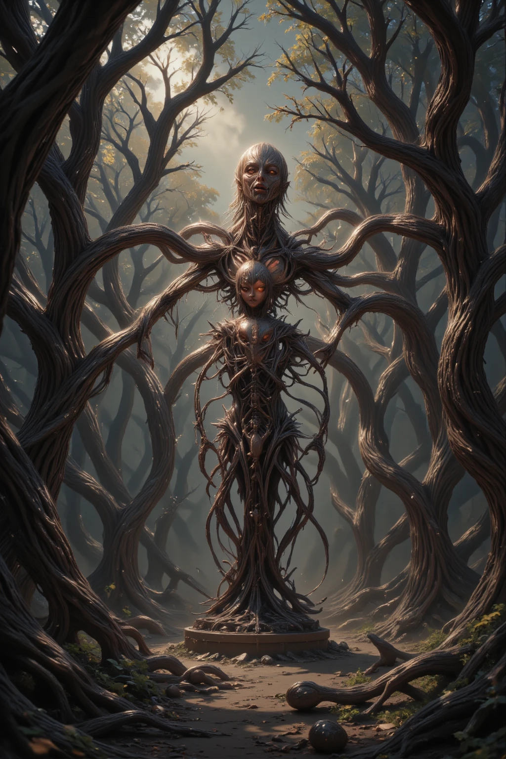 There are many twisted trees growing around, Very dark forest, There's a miasma in the forest, In the middle of the forest stands a statue of a demon with a look of anguish on its face, Scary colors, horror, Fear