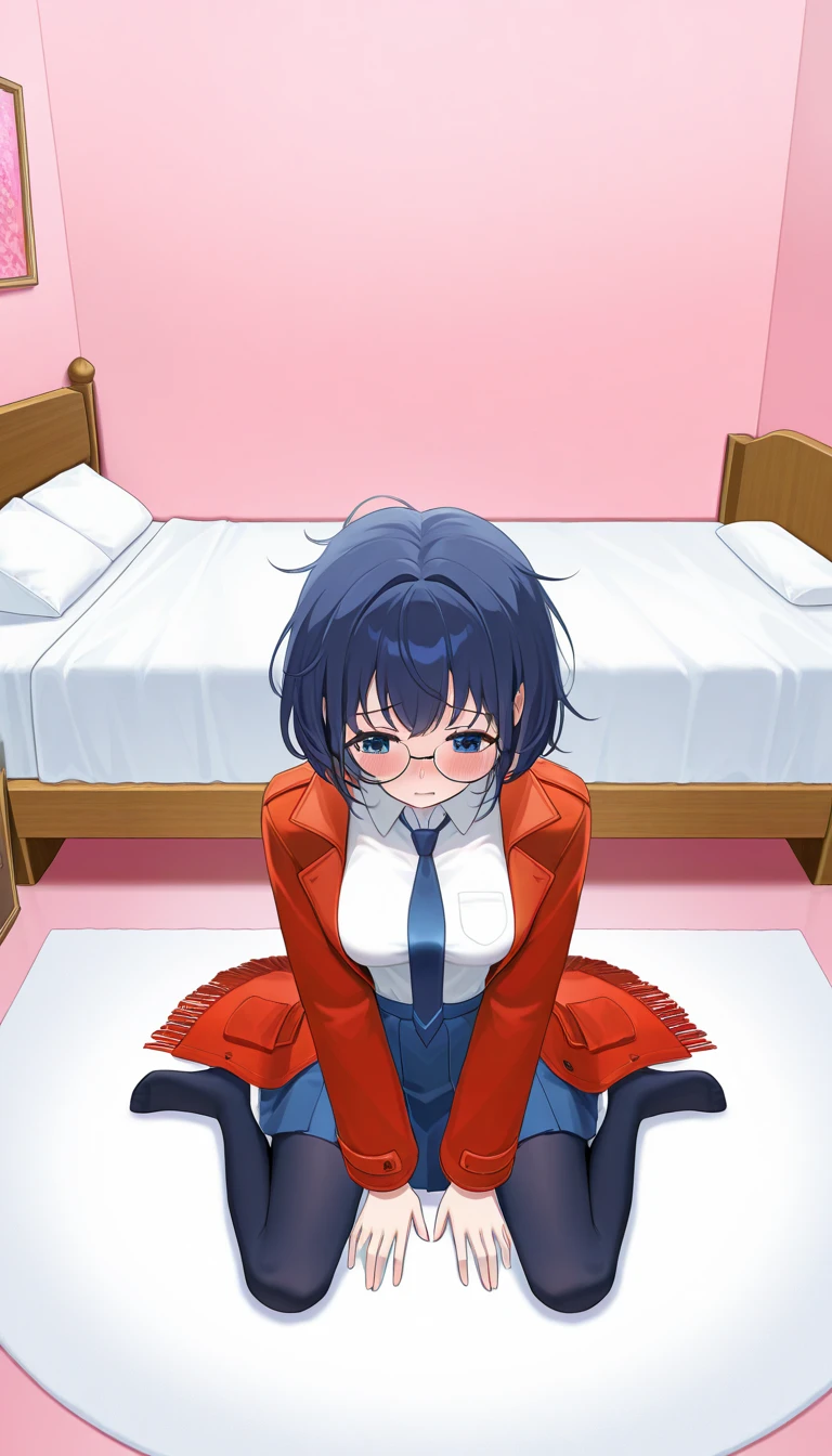 I&#39;d like,Alone,blue tie, glasses with black frame, white background, short hair,white shirt,blue skirt, simple background , blue eyes,blue hair, long sleeves,pleated skirt,fringe back , open coat,red coat,dark blue pantyhose , messy hair ,Cowboy _outlet,shy,Blush,reaching_outside,panic, wariza,Room,girls Room,panic,interior, front view, pink wallpaper 