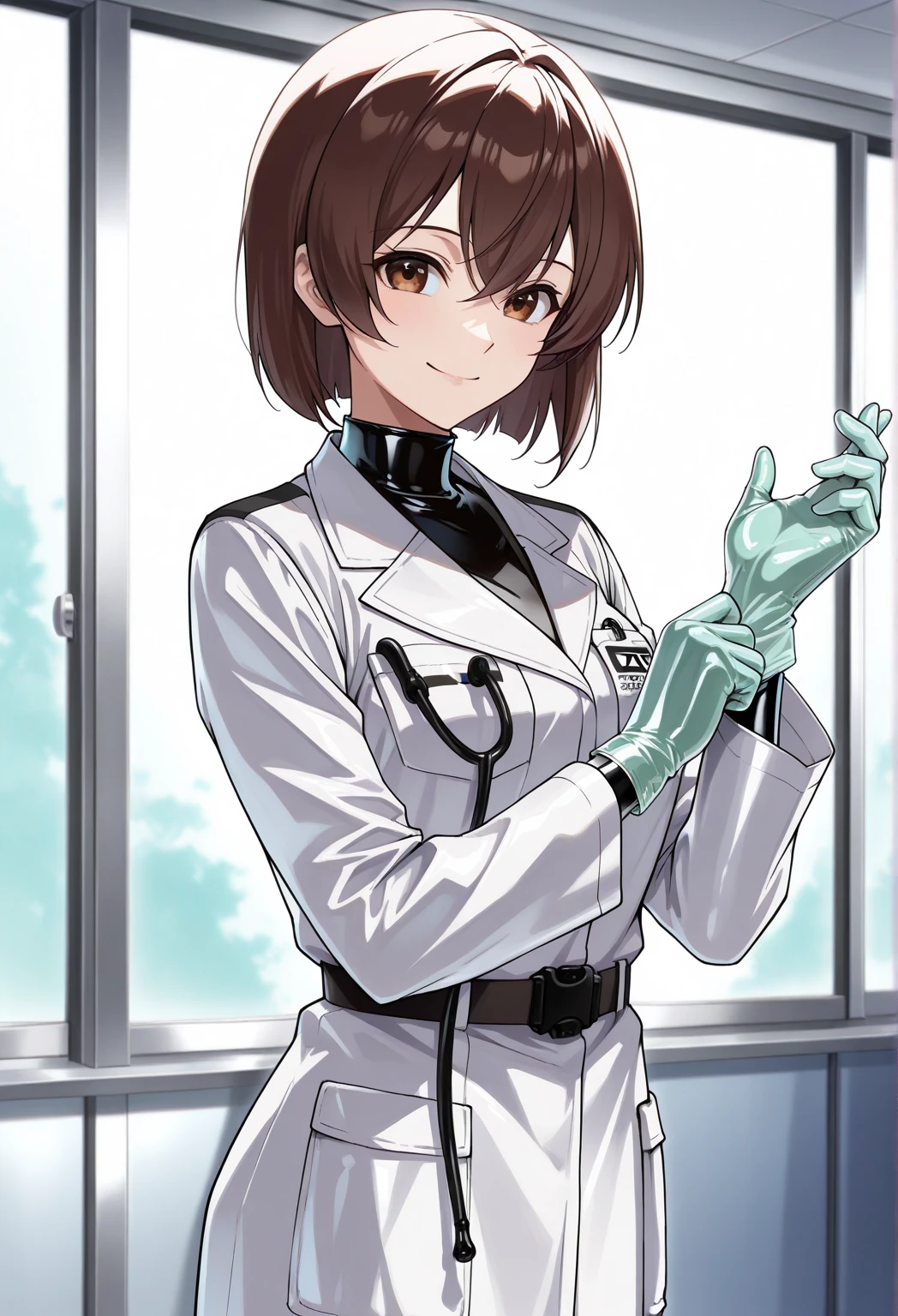 (( female doctor)), anime, smiling, (( Surgical Gloves)), (( latex gloves )), [adjusting gloves],  other clothing is not made of latex, (( Long Sleeve )),  is standing, Alone