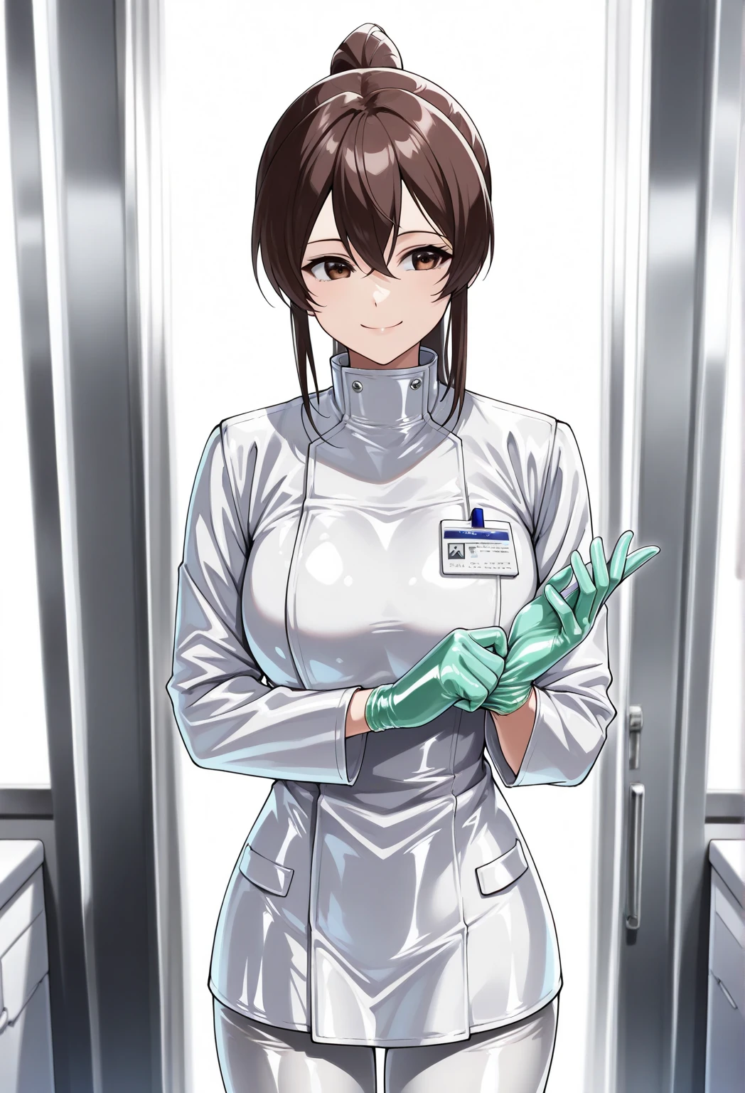 (( female doctor)), anime, smiling, (( Surgical Gloves)), (( latex gloves )), [adjusting gloves],  other clothing is not made of latex, (( Long Sleeve )),  is standing, Alone