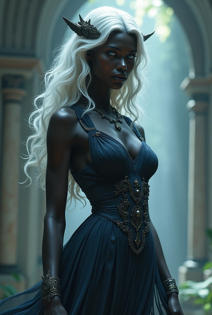 A beautiful drow girl, detailed face, large breasts, black skin, detailed white hair, wearing sexy purple dress, purple eyes, highly detailed, 8k, photorealistic, masterpiece, cinematic lighting, fantasy art, hands on hips, upskirt view.