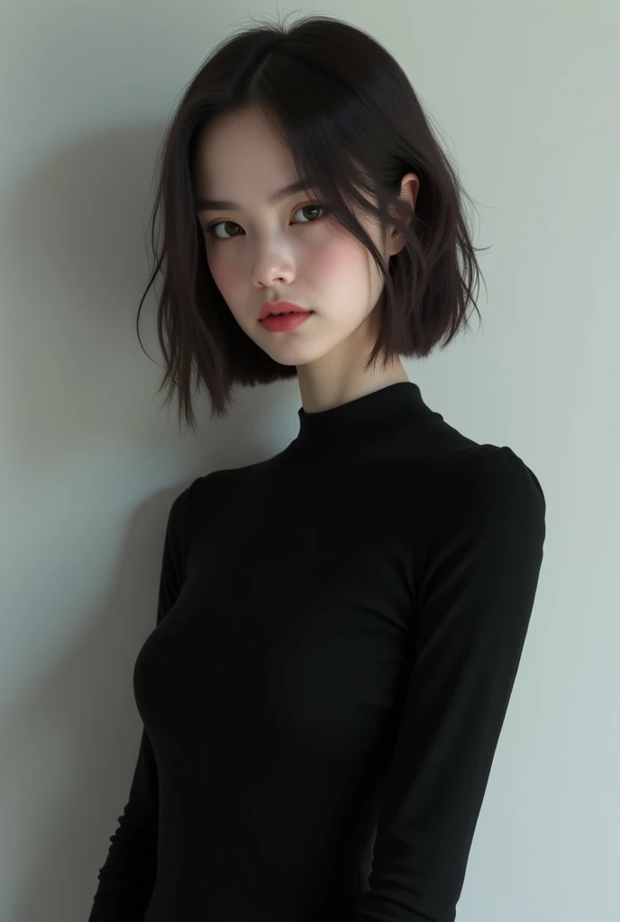 ((Realistic lighting, Best quality, 8K, Masterpiece: 1.3)), Clear focus: 1.2, 1girl, Perfect beauty: 1.4, Slim abs: 1.1, ((dark brown hair)), (Black short sleeves), (School, night: 1.1), Super fine face, fine eyes, double eyelids,