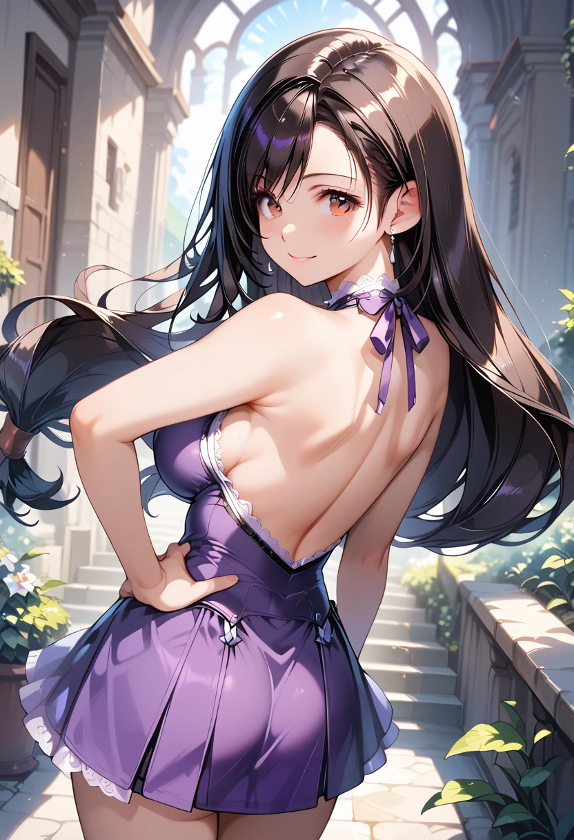 ((masterpiece, best quality, ultra detailed, high resolution, detailed facial description)), (1 woman, solo), (Tifa Lockhart), (deep purple halter dress:1.3, deep purple costume:1.3, lace-trimmed, backless, ribbon on neck, short skirt), large breast, (black side-tie panties), (purple high heels), (black long hair:1.3), (beautiful and cute face:1.2, brown eyes), standing, hand on own hip, sexy pose, looking at viewer, (light smile, blush), (final fantasy's world view), (woman focus:1.2, upper body, from front:1.1)