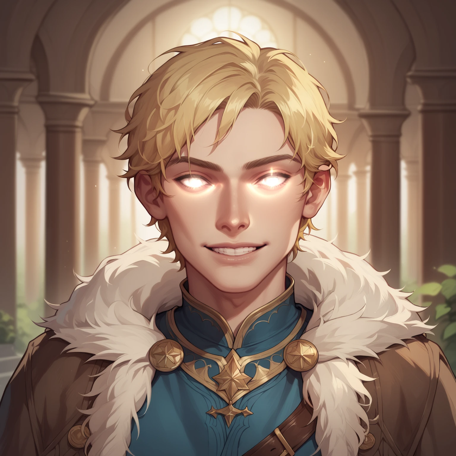 (((beautiful, high quality, comics style, detailed face))), score_9, score_8_up, score_7_up, BREAK, 1man, twink, curly hair:1.1, blonde hair, ((pale skin, shine)), glowing eyes, white eyes, fur mantel, brown fur cape, tunic ((light blue, fancy fabric)), solo, portrait, upper body, portrait, angelical look, bearing teeth, facing viewer, fantasy outside, blurred background, DeepNegative_xl_v1, detailxl, zPDXL3