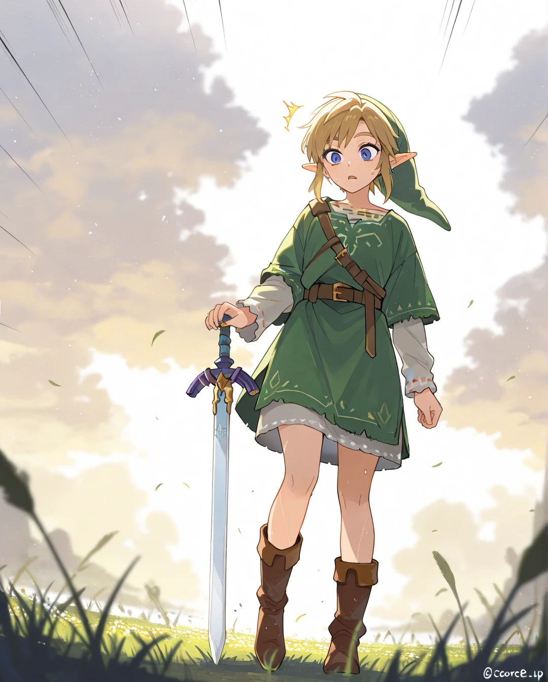 (masterpiece:1.4), (best quality:1.4),Motion Lines, Motion Blur, Cinematic Lighting, High resolution, sketched, sketch lines, 1 girl, alone, solo, 


link, blonde hair, blue eyes, hat, pointy ears, green tunic, belt, boots, adult, simple sword, feminine, men sized clothing, oversized clothing, 

looking at self, strained, sweat, genderbend, male to female, surprised, 

In a fantasy field, 