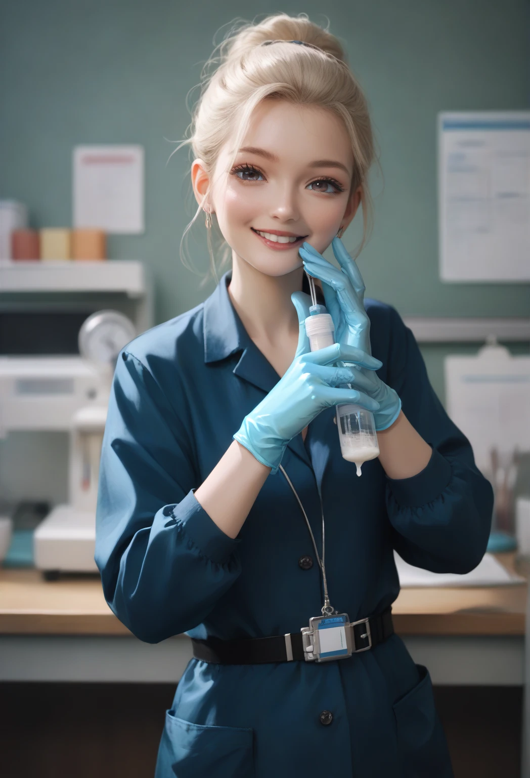 (( female doctor)), anime, smiling, (( Surgical Gloves)), (( latex gloves )), [adjusting gloves],  other clothing is not made of latex, (( Long Sleeve )),  is standing, Alone