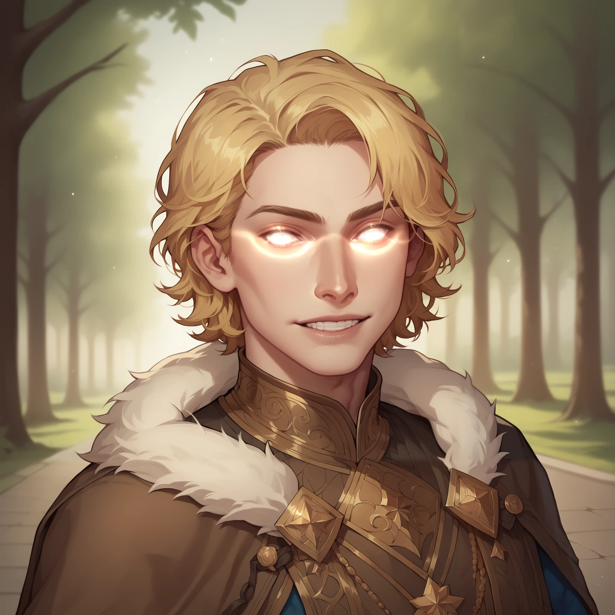 (((beautiful, high quality, comics style, detailed face))), score_9, score_8_up, score_7_up, BREAK, 1man, twink, curly hair:1.1, blonde hair, ((pale skin, shine)), glowing eyes, white eyes, fur mantel, brown fur cape, tunic ((light blue, fancy fabric)), solo, portrait, upper body, portrait, angelical look, bearing teeth, facing viewer, fantasy outside, blurred background, DeepNegative_xl_v1, detailxl, zPDXL3