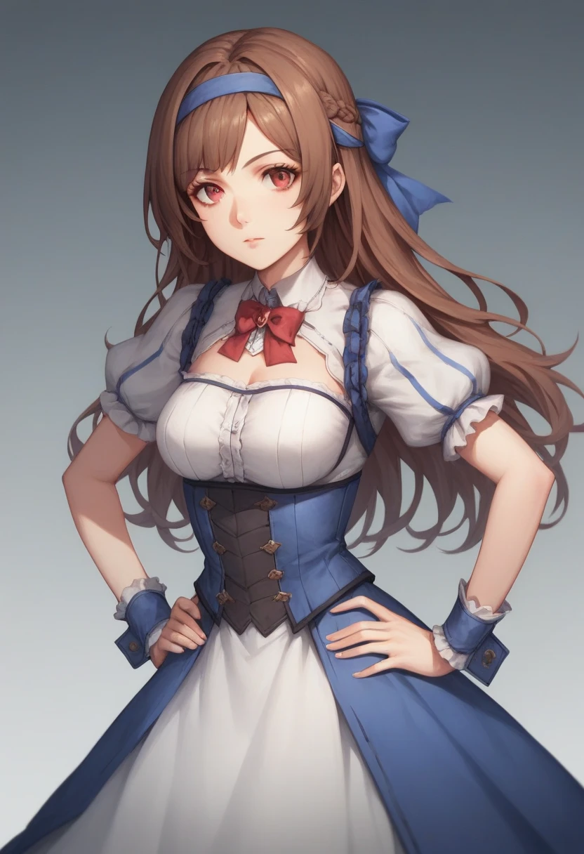 masterpiece, best quality, newest, absurdres, highres, 1girl, solo, redo-keara, red eyes, brown eyes, long hair, brown hair, hair intakes, 
keara-dress, headband, puffy sleeves, striped, short sleeves, dress, ribbon, bow, wrist cuffs, 
looking at viewer, standing, hands on hips