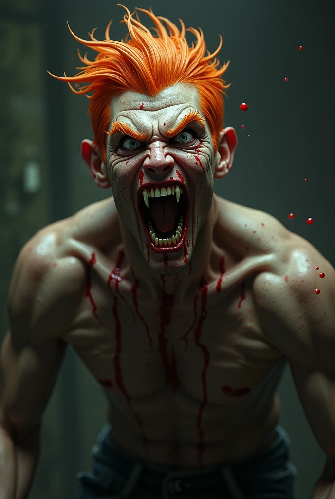 Create a male character,with red hair,eyes without pupils sharp teeth long tongue sticking out green saliva,without a shirt with bones on her shoulders,with black creatures with sharp teeth and claws enveloped in the scenery,
