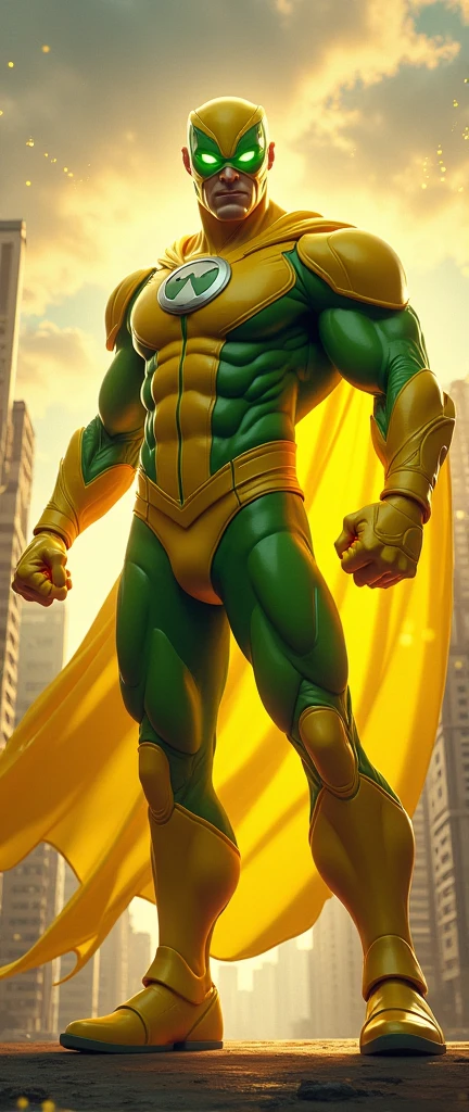 a superhero in a green outfit, yellow and blue