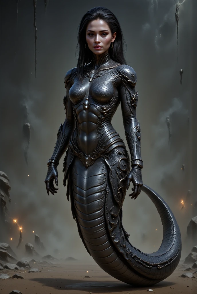 Naga woman,30 years old,seductive,single,beautiful,brunette,straight long hair,perfect body covered with black small nano scales,high detail,black scales,black wrists hands,long claws,hungry,masterpiece,perfect quality,