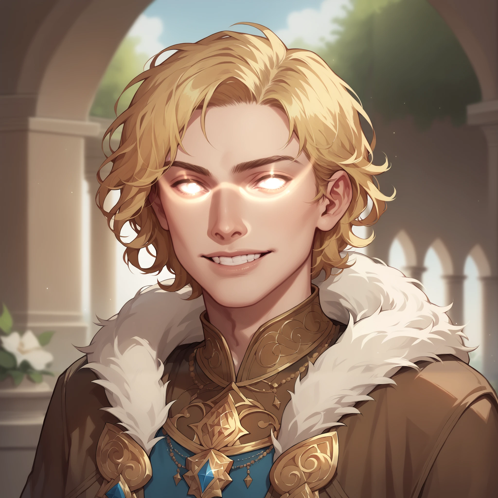 (((beautiful, high quality, comics style, detailed face))), score_9, score_8_up, score_7_up, BREAK, 1man, twink, curly hair:1.1, blonde hair, ((pale skin, shine)), glowing eyes, white eyes, fur mantel, brown fur cape, tunic ((light blue, fancy fabric)), solo, portrait, upper body, portrait, angelical look, bearing teeth, facing viewer, fantasy outside, blurred background, DeepNegative_xl_v1, detailxl, zPDXL3